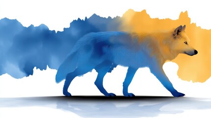 Fototapeta premium A stylized fox walking, blending blue and orange watercolor splashes in a creative, artistic digital painting.