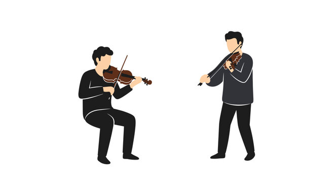 Two professional violinists dressed in elegant black attire perform together, with one musician seated and the other standing against a white background.