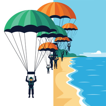 Parachutists landing on beach with colorful umbrellas