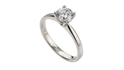 Elegant diamond ring on display with a shiny metal band in a simple setting isolated on transparent...
