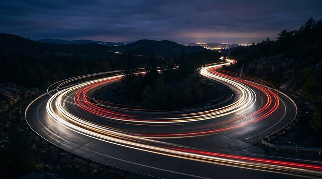 Road curves through a mountainous landscape at night while vehicle lights create long glowing red and white streaks.