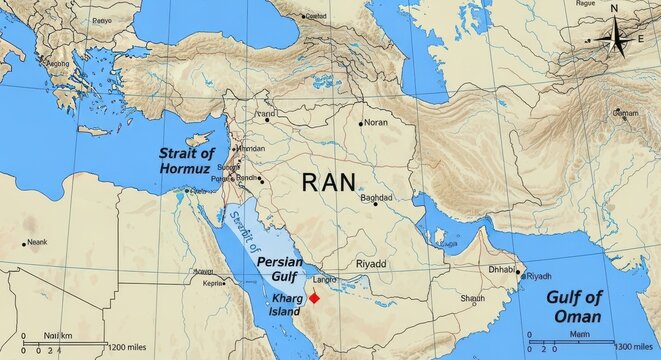 Geographical map highlighting the location of kharg island in the persian gulf near iran coast