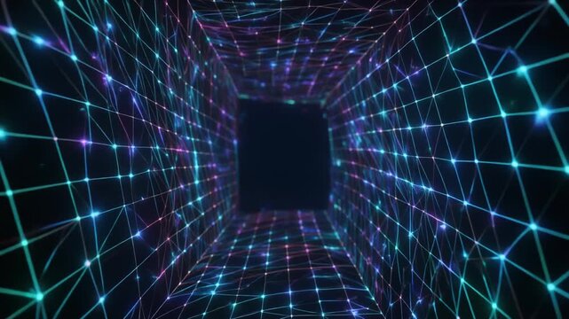 Abstract Wireframe Shapes Rotating in Dark Environment Futuristic Tech Design Background