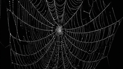 Obraz premium A delicate spider web glistens with dew drops on a black background