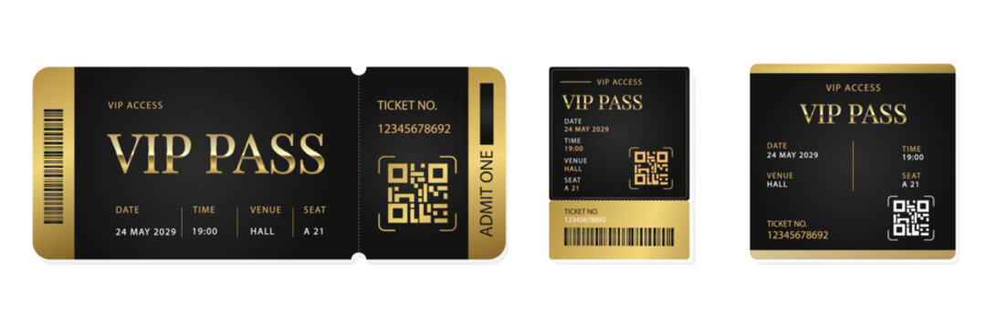 VIP ticket template in a luxurious black and gold style. Vector set of layouts with QR code and barcode for premium events, concerts, and parties. Horizontal and vertical orientation.