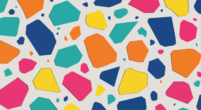 A colorful abstract pattern of irregular polygons on a gray background