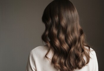 Fototapeta premium A woman with long, wavy brown hair viewed from behind