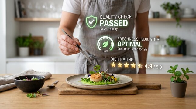 Chef Garnishing Gourmet Dish with Quality Check Passed & Optimal Freshness Stamp in Modern Kitchen