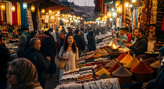 Young woman standing in busy Moroccan souk market among spice piles and hanging lanterns with warm cinematic lighting and authentic atmosphere