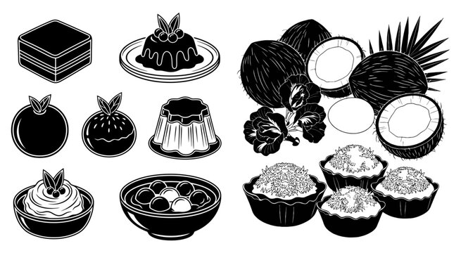Set of hand drawn coconut desserts and tropical sweets sketches