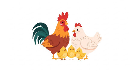 Cute chicken family cartoon cockerel hen and three yellow chicks flat vector illustration isolated on white © Imran