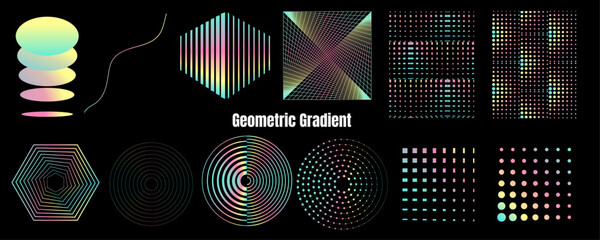 Abstract geometric gradient elements set with neon shapes, halftone dot effects and futuristic 2D vector design on black background © Thuong