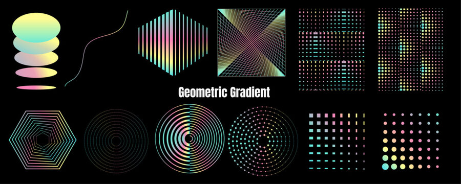 Abstract geometric gradient elements set with neon shapes, halftone dot effects and futuristic 2D vector design on black background