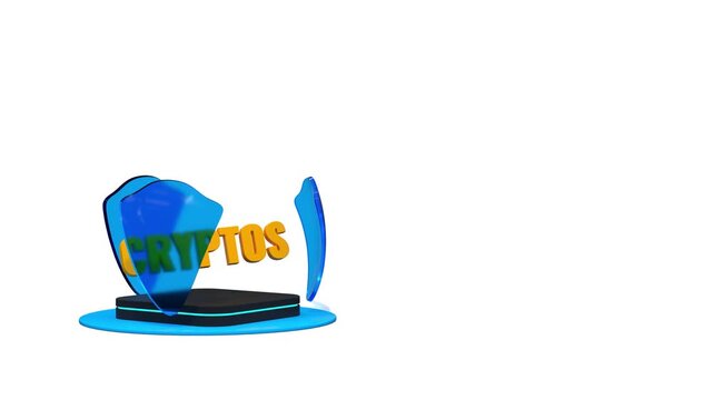 The text CRYPTOS surrounded by rotating protective shields - 3D rendering