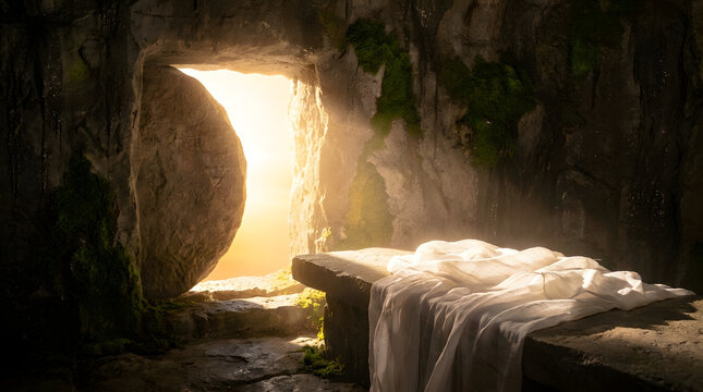 Jesus empty tomb on easter morning, a powerful symbol of resurrection and hope. Perfect for easter religious graphics and designs.