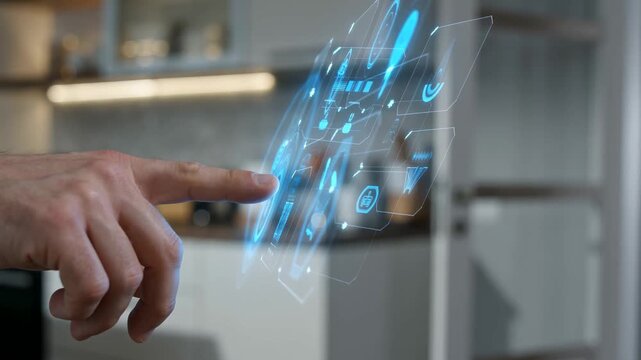 Man's hand interacting with a blue holographic smart home interface in a modern kitchen, future technology and internet of things for home automation and digital lifestyle