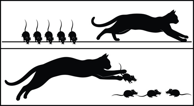 Silhouette Vector Illustration of a Predatory Cat Chasing and Catching Mice in Two Sequential Action Scenes on White Background Assets