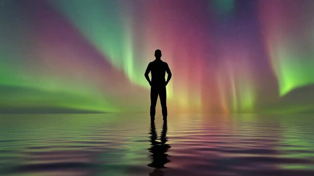 Person standing on water with firefly silhouette and ripple reflections under colorful aurora