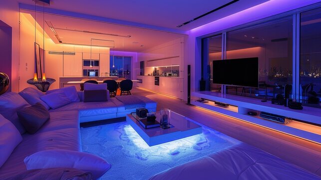 Modern neon living room interior with ambient led lighting and panoramic city view for luxury apartment background and interior design