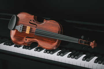 Fototapeta premium Classical Music And Elegant Performance. Wooden Violin Resting On Piano Keys Against Dark Glossy Background. 3D Rendering