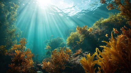 Obraz premium Underwater kelp forest with sun rays filtering through