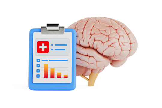 Brain Health Assessment And Neurological Diagnosis Concept. Human Brain With Medical Clipboard Report. 3D Rendering