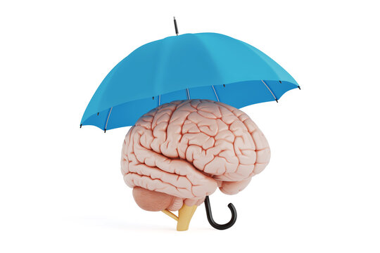Mental Protection And Cognitive Safety Concept. Human Brain Under Blue Umbrella Isolated. 3D Rendering