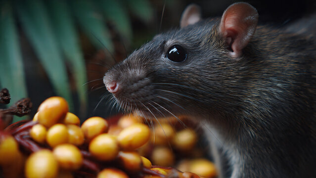 Small Rat or Mouse Feeding on Ripe Oil Palm Fruit Bunch