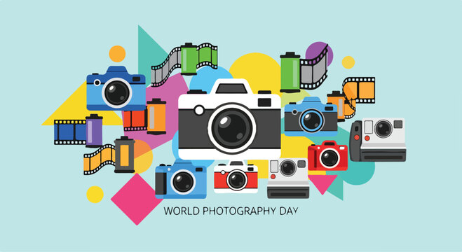 A colorful illustration of cameras and film on a light blue background celebrating World Photography Day