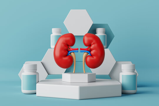 Kidney Treatment And Pharmaceutical Care Concept. Human Kidneys On Podium Surrounded By Medicine Bottles And Hexagon Display. 3D Rendering