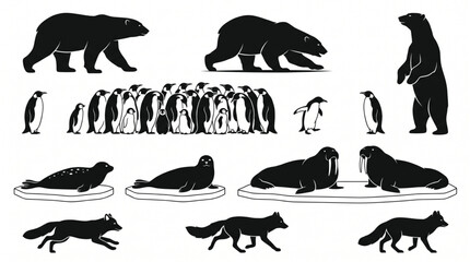 Massive collection of Arctic and Antarctic animal silhouettes featuring polar bears, emperor penguins, walruses, seals on ice floes, and arctic foxes in various poses isolated on white © Ai