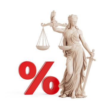 Tax Law And Legal Regulation Concept. Femida Statue With Scales Sword And Percent Symbol. 3d Rendering