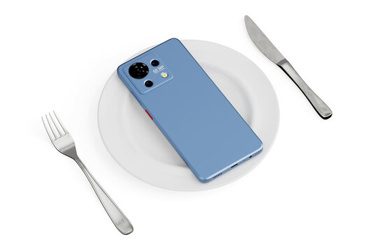 Digital Consumption And Tech Addiction Concept. Blue Smartphone Served On White Plate With Fork And Knife. 3D Rendering