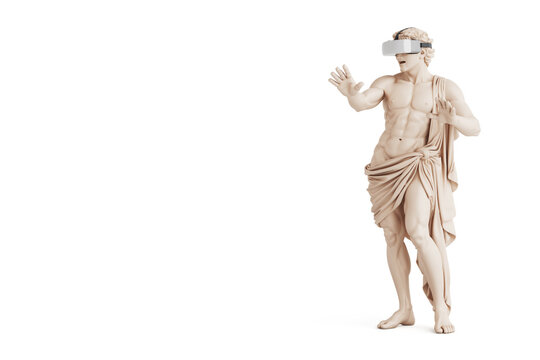 Virtual Reality And Classical Art Concept. Full Body Marble Male Statue Wearing VR Headset With Raised Hands And Copyspace. 3d Rendering