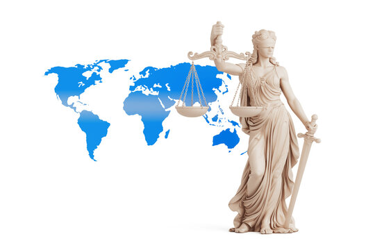 Global Justice And International Law. Femida Statue With Scales Before Blue World Map. 3D Rendering