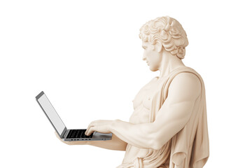 Classical Art And Digital Work Concept. Marble Male Statue Using Laptop On White Background. 3D Rendering © doomu