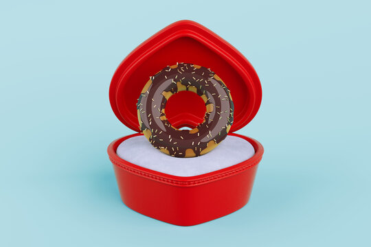 Sweet Love And Romantic Surprise. Chocolate Donut In Open Red Heart Gift Box On Blue Background. 3d Rendering