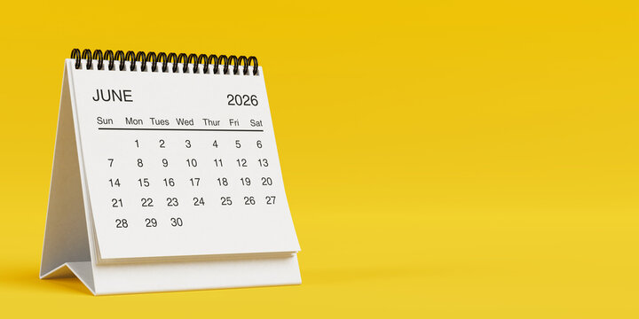 White Desk Monthly June 2026 Business Calendar. 3d Rendering
