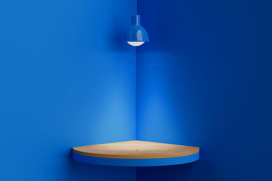 Product Display And Minimal Showcase. Empty Wooden Corner Shelf Mockup Under Hanging Lamp In Blue Interior. 3D Rendering