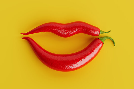 Spicy Food And Sensual Taste Concept. Red Chili Peppers Shaped Like Lips On Yellow Background. 3D Rendering