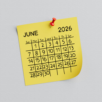 Yellow Note Paper with June of 2026 Year. May Handwritten Calendar and Thumbtack Pin. 3d Rendering