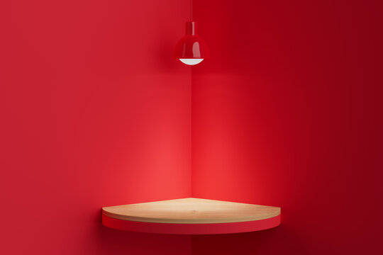 Product Display And Minimal Showcase. Empty Wooden Corner Shelf Mockup Under Hanging Lamp In Red Interior. 3D Rendering