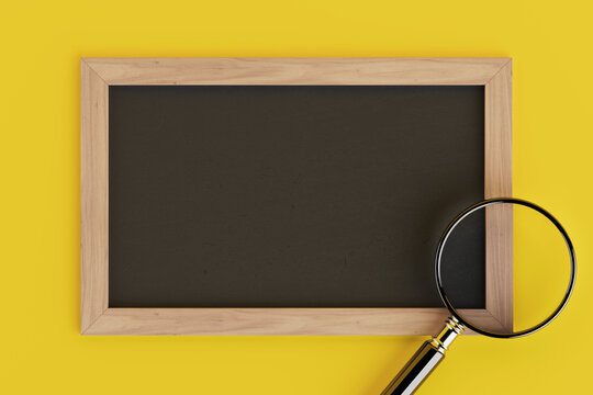 Education Search And Blank Message Space. Empty Blackboard In Wooden Frame With Magnifier. 3D Rendering