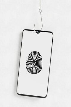 Biometric Phishing And Identity Theft. Smartphone With Fingerprint Icon Caught On Fishing Hook. 3D Rendering