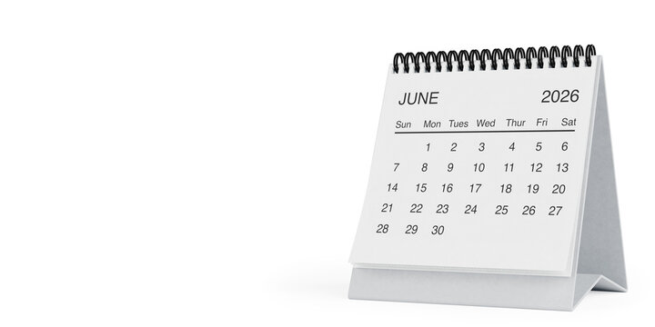 White Desk Monthly June 2026 Business Calendar. 3d Rendering