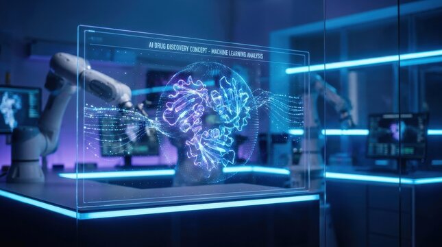 AI Drug Discovery: Machine learning system analyzing molecular structures in futuristic lab workspace

