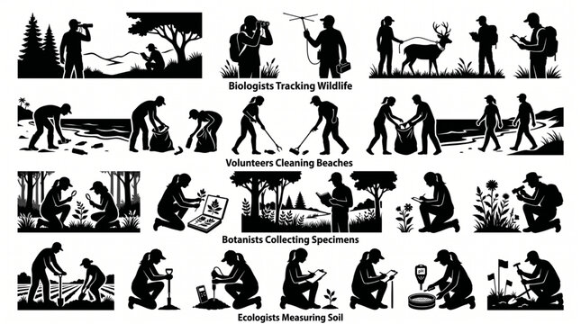 Massive collection of environmental science silhouettes featuring biologists tracking wildlife, botanists collecting plant specimens, beach cleanup volunteers, and ecologists testing soil.
