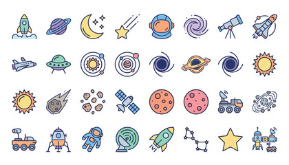 Colorful space icons and symbols collection. © Lakon