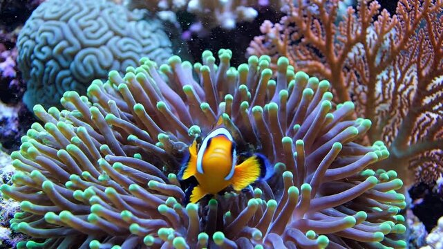 Colorful underwater coral reef with clownfish, marine life at tropical sea