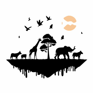 African savannah silhouette scene with giraffe elephant and birds, savannah